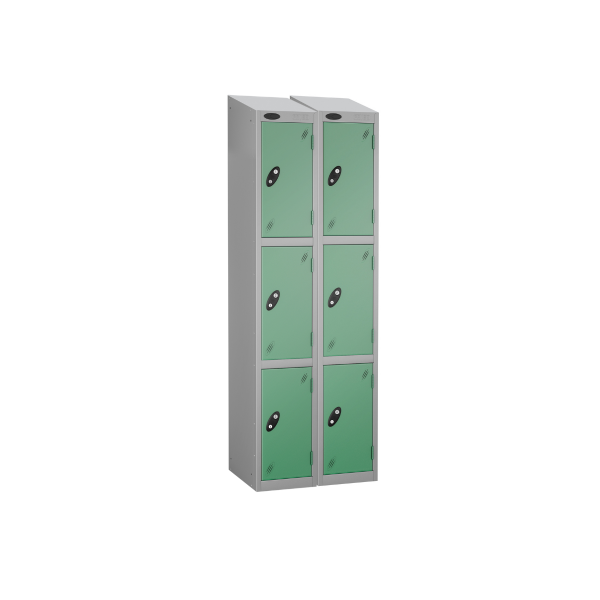 Nest of 2 Metal Storage Lockers | 3 Doors | 1780 x 305 x 380mm | Silver Carcass | Jade Door | Cam Lock | Sloping Top | Probe