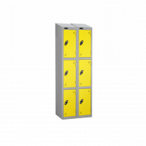 Nest of 2 Metal Storage Lockers | 3 Doors | 1780 x 305 x 380mm | Silver Carcass | Lemon Door | Cam Lock | Sloping Top | Probe