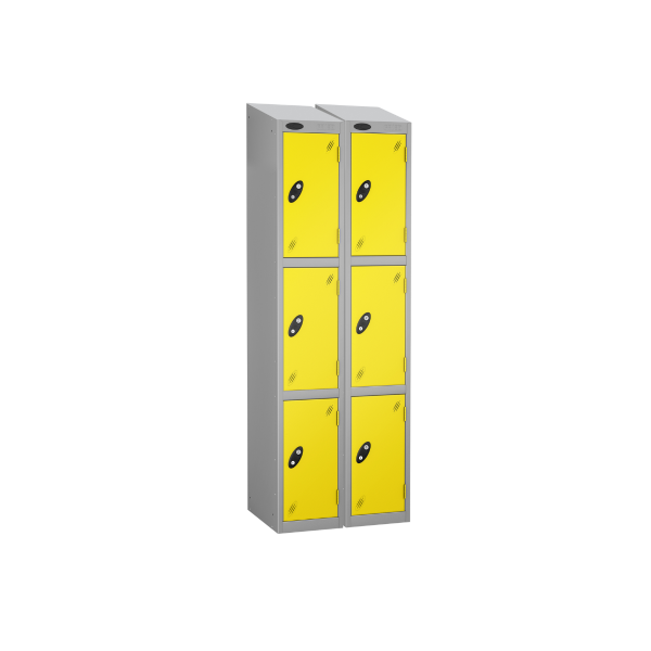 Nest of 2 Metal Storage Lockers | 3 Doors | 1780 x 305 x 380mm | Silver Carcass | Lemon Door | Cam Lock | Sloping Top | Probe