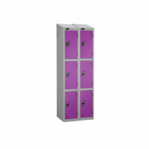 Nest of 2 Metal Storage Lockers | 3 Doors | 1780 x 305 x 380mm | Silver Carcass | Lilac Door | Cam Lock | Sloping Top | Probe