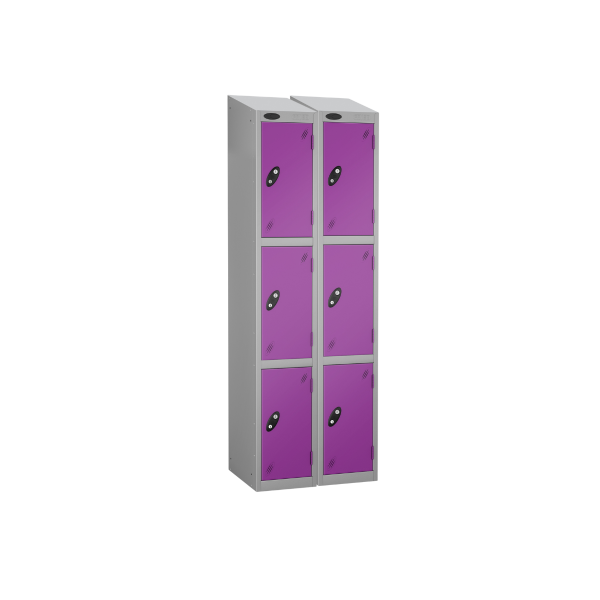 Nest of 2 Metal Storage Lockers | 3 Doors | 1780 x 305 x 380mm | Silver Carcass | Lilac Door | Cam Lock | Sloping Top | Probe