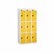 Nest of 3 Metal Storage Lockers | 3 Doors | 1780 x 305 x 380mm | White Carcass | Yellow Door | Cam Lock | Sloping Top | Probe