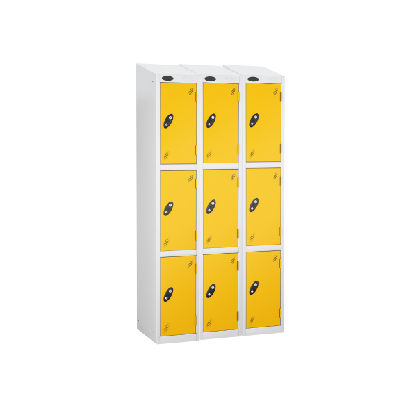 Nest of 3 Metal Storage Lockers | 3 Doors | 1780 x 305 x 380mm | White Carcass | Yellow Door | Cam Lock | Sloping Top | Probe