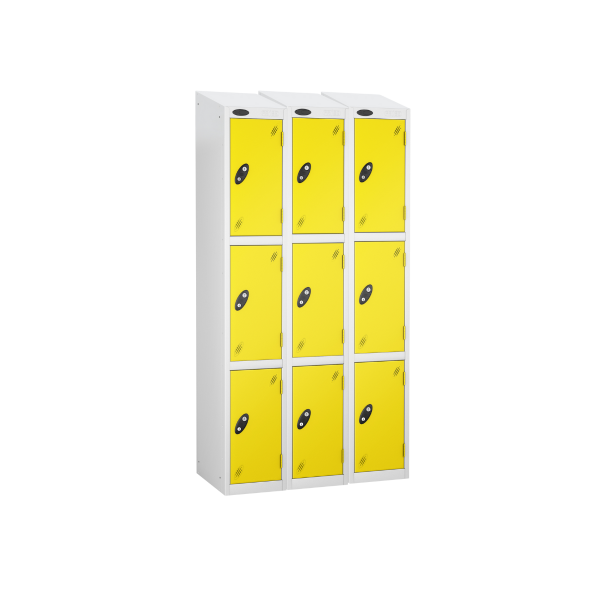 Nest of 3 Metal Storage Lockers | 3 Doors | 1780 x 305 x 380mm | White Carcass | Lemon Door | Cam Lock | Sloping Top | Probe