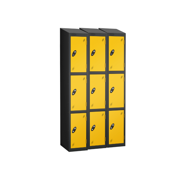 Nest of 3 Metal Storage Lockers | 3 Doors | 1780 x 305 x 380mm | Black Carcass | Yellow Door | Cam Lock | Sloping Top | Probe