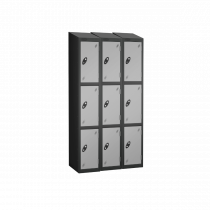 Nest of 3 Metal Storage Lockers | 3 Doors | 1780 x 305 x 380mm | Black Carcass | Silver Door | Cam Lock | Sloping Top | Probe