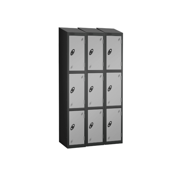 Nest of 3 Metal Storage Lockers | 3 Doors | 1780 x 305 x 380mm | Black Carcass | Silver Door | Cam Lock | Sloping Top | Probe