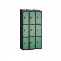 Nest of 3 Metal Storage Lockers | 3 Doors | 1780 x 305 x 380mm | Black Carcass | Jade Door | Cam Lock | Sloping Top | Probe