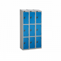 Nest of 3 Metal Storage Lockers | 3 Doors | 1780 x 305 x 380mm | Silver Carcass | Blue Door | Cam Lock | Sloping Top | Probe