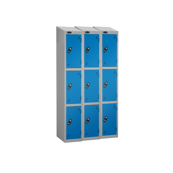 Nest of 3 Metal Storage Lockers | 3 Doors | 1780 x 305 x 380mm | Silver Carcass | Blue Door | Cam Lock | Sloping Top | Probe