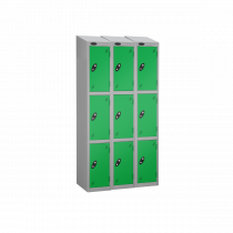 Nest of 3 Metal Storage Lockers | 3 Doors | 1780 x 305 x 380mm | Silver Carcass | Green Door | Cam Lock | Sloping Top | Probe