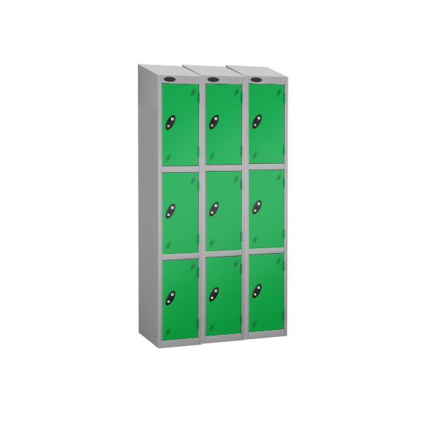 Nest of 3 Metal Storage Lockers | 3 Doors | 1780 x 305 x 380mm | Silver Carcass | Green Door | Cam Lock | Sloping Top | Probe