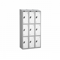 Nest of 3 Metal Storage Lockers | 3 Doors | 1780 x 305 x 380mm | Silver Carcass | White Door | Cam Lock | Sloping Top | Probe