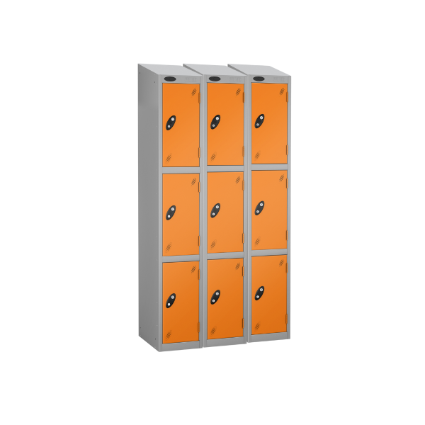 Nest of 3 Metal Storage Lockers | 3 Doors | 1780 x 305 x 380mm | Silver Carcass | Orange Door | Cam Lock | Sloping Top | Probe