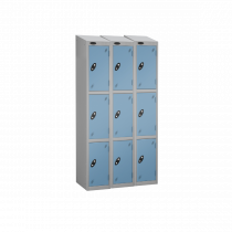 Nest of 3 Metal Storage Lockers | 3 Doors | 1780 x 305 x 380mm | Silver Carcass | Ocean Door | Cam Lock | Sloping Top | Probe