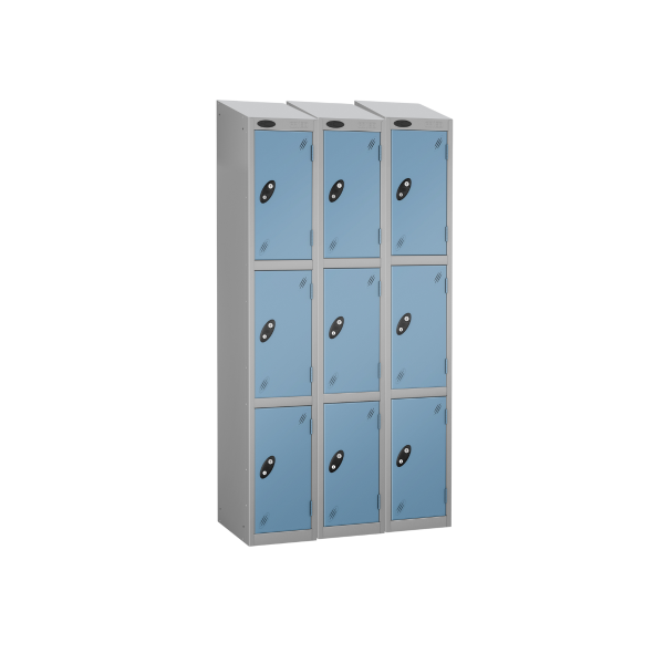 Nest of 3 Metal Storage Lockers | 3 Doors | 1780 x 305 x 380mm | Silver Carcass | Ocean Door | Cam Lock | Sloping Top | Probe