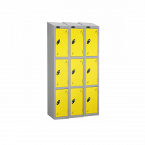 Nest of 3 Metal Storage Lockers | 3 Doors | 1780 x 305 x 380mm | Silver Carcass | Lemon Door | Cam Lock | Sloping Top | Probe