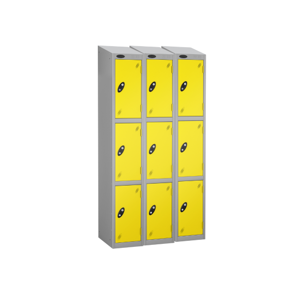 Nest of 3 Metal Storage Lockers | 3 Doors | 1780 x 305 x 380mm | Silver Carcass | Lemon Door | Cam Lock | Sloping Top | Probe