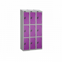 Nest of 3 Metal Storage Lockers | 3 Doors | 1780 x 305 x 380mm | Silver Carcass | Lilac Door | Cam Lock | Sloping Top | Probe