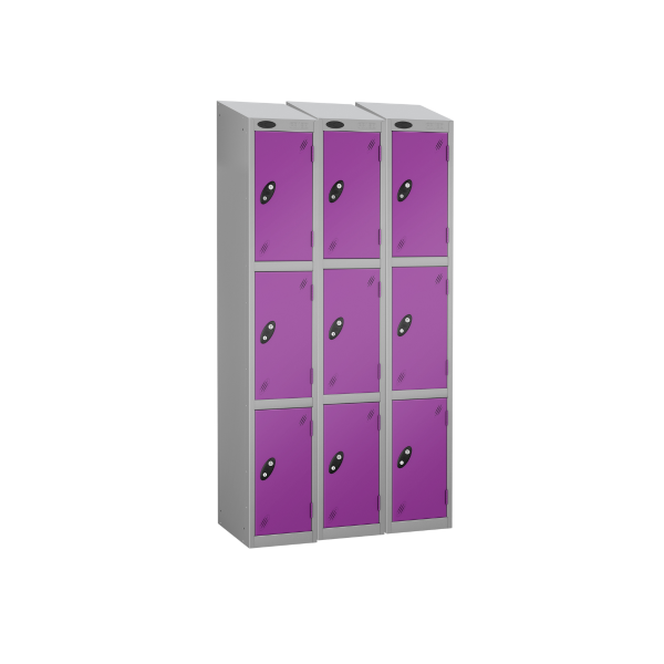 Nest of 3 Metal Storage Lockers | 3 Doors | 1780 x 305 x 380mm | Silver Carcass | Lilac Door | Cam Lock | Sloping Top | Probe