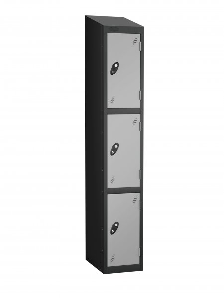 Single Metal Storage Locker | 3 Doors | 1780 x 305 x 460mm | Black Carcass | Silver Door | Cam Lock | Sloping Top | Probe