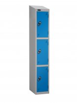 Single Metal Storage Locker | 3 Doors | 1780 x 305 x 460mm | Silver Carcass | Blue Door | Cam Lock | Sloping Top | Probe