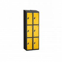 Nest of 2 Metal Storage Lockers | 3 Doors | 1780 x 305 x 460mm | Black Carcass | Yellow Door | Cam Lock | Sloping Top | Probe