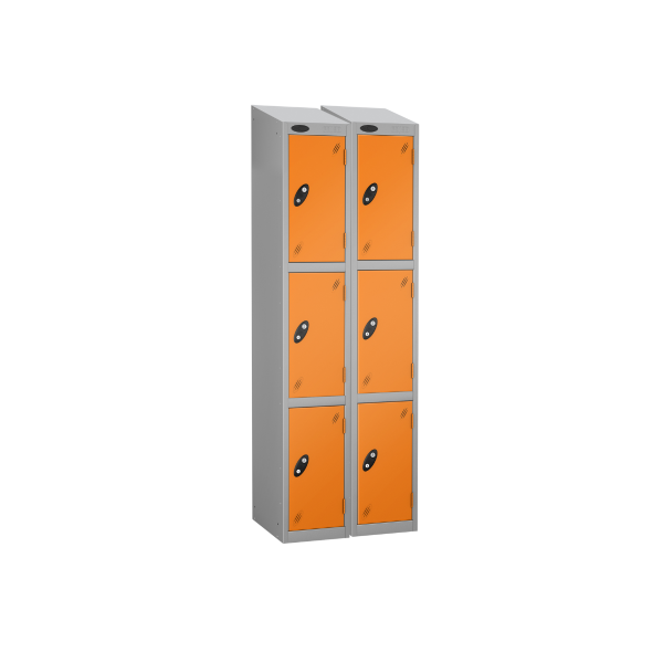 Nest of 2 Metal Storage Lockers | 3 Doors | 1780 x 305 x 460mm | Silver Carcass | Orange Door | Cam Lock | Sloping Top | Probe