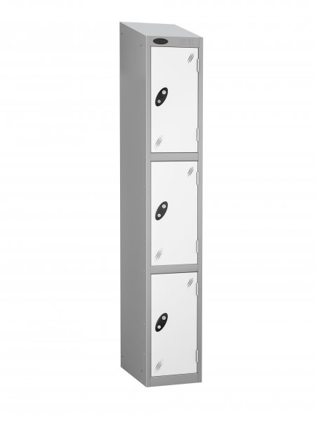 Single Metal Storage Locker | 3 Doors | 1780 x 460 x 460mm | Silver Carcass | White Door | Hasp & Staple Lock | Sloping Top | Probe