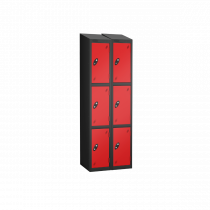 Nest of 2 Metal Storage Lockers | 3 Doors | 1780 x 460 x 460mm | Black Carcass | Red Door | Hasp & Staple Lock | Sloping Top | Probe