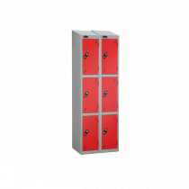 Nest of 2 Metal Storage Lockers | 3 Doors | 1780 x 460 x 460mm | Silver Carcass | Red Door | Hasp & Staple Lock | Sloping Top | Probe