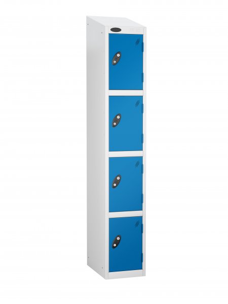 Single Metal Storage Locker | 4 Doors | 1780 x 305 x 305mm | White Carcass | Blue Door | Cam Lock | Sloping Top | Probe