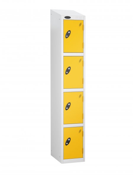 Single Metal Storage Locker | 4 Doors | 1780 x 305 x 305mm | White Carcass | Yellow Door | Cam Lock | Sloping Top | Probe