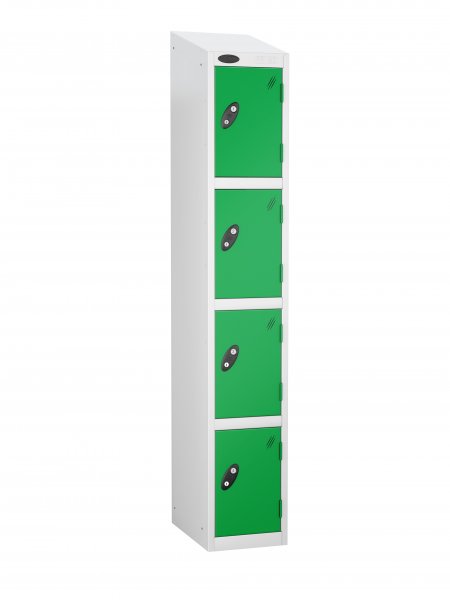 Single Metal Storage Locker | 4 Doors | 1780 x 305 x 305mm | White Carcass | Green Door | Cam Lock | Sloping Top | Probe