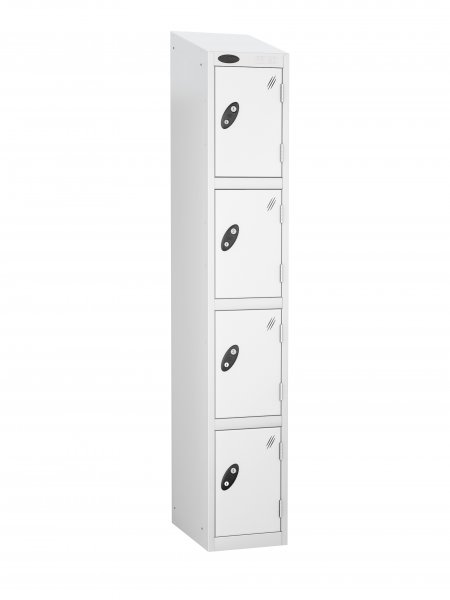 Single Metal Storage Locker | 4 Doors | 1780 x 305 x 305mm | White Carcass | White Door | Cam Lock | Sloping Top | Probe