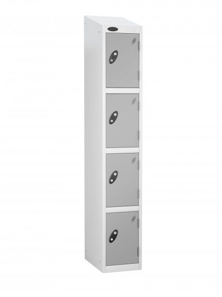 Single Metal Storage Locker | 4 Doors | 1780 x 305 x 305mm | White Carcass | Silver Door | Cam Lock | Sloping Top | Probe