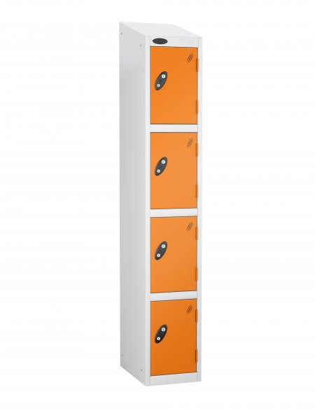 Single Metal Storage Locker | 4 Doors | 1780 x 305 x 305mm | White Carcass | Orange Door | Cam Lock | Sloping Top | Probe