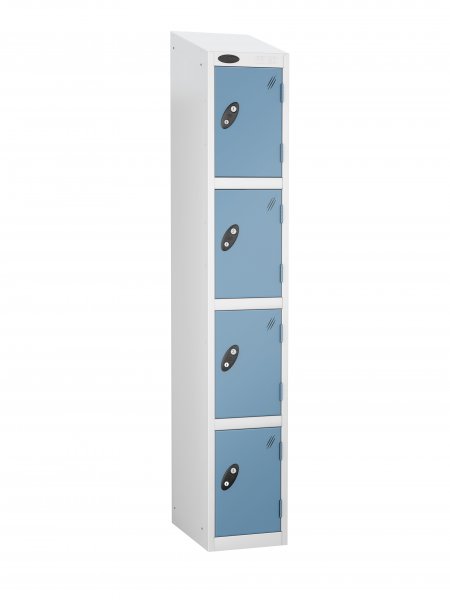 Single Metal Storage Locker | 4 Doors | 1780 x 305 x 305mm | White Carcass | Ocean Door | Cam Lock | Sloping Top | Probe