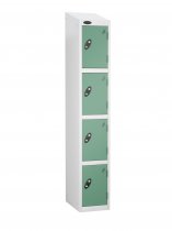 Single Metal Storage Locker | 4 Doors | 1780 x 305 x 305mm | White Carcass | Jade Door | Cam Lock | Sloping Top | Probe