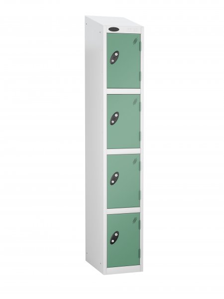 Single Metal Storage Locker | 4 Doors | 1780 x 305 x 305mm | White Carcass | Jade Door | Cam Lock | Sloping Top | Probe