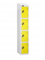 Single Metal Storage Locker | 4 Doors | 1780 x 305 x 305mm | White Carcass | Lemon Door | Cam Lock | Sloping Top | Probe