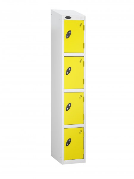 Single Metal Storage Locker | 4 Doors | 1780 x 305 x 305mm | White Carcass | Lemon Door | Cam Lock | Sloping Top | Probe