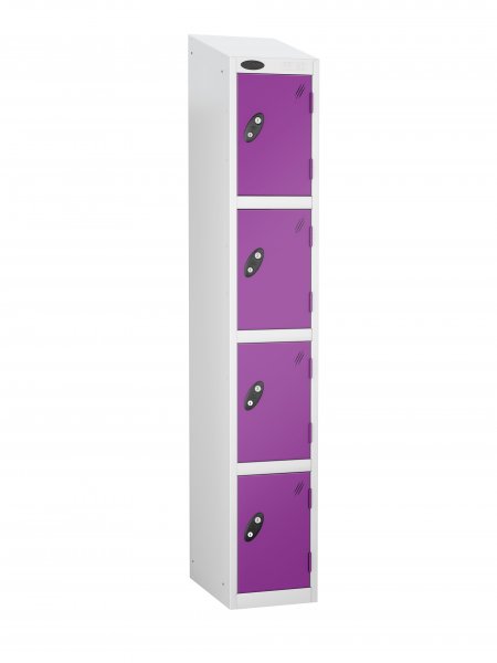 Single Metal Storage Locker | 4 Doors | 1780 x 305 x 305mm | White Carcass | Lilac Door | Cam Lock | Sloping Top | Probe