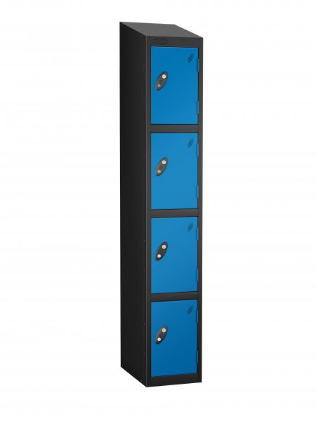 Single Metal Storage Locker | 4 Doors | 1780 x 305 x 305mm | Black Carcass | Blue Door | Cam Lock | Sloping Top | Probe