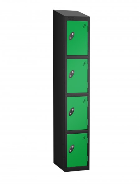 Single Metal Storage Locker | 4 Doors | 1780 x 305 x 305mm | Black Carcass | Green Door | Cam Lock | Sloping Top | Probe