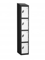 Single Metal Storage Locker | 4 Doors | 1780 x 305 x 305mm | Black Carcass | White Door | Cam Lock | Sloping Top | Probe