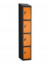 Single Metal Storage Locker | 4 Doors | 1780 x 305 x 305mm | Black Carcass | Orange Door | Cam Lock | Sloping Top | Probe