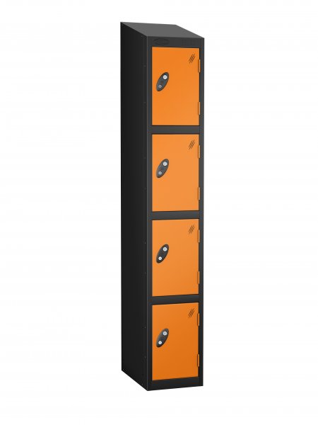 Single Metal Storage Locker | 4 Doors | 1780 x 305 x 305mm | Black Carcass | Orange Door | Cam Lock | Sloping Top | Probe