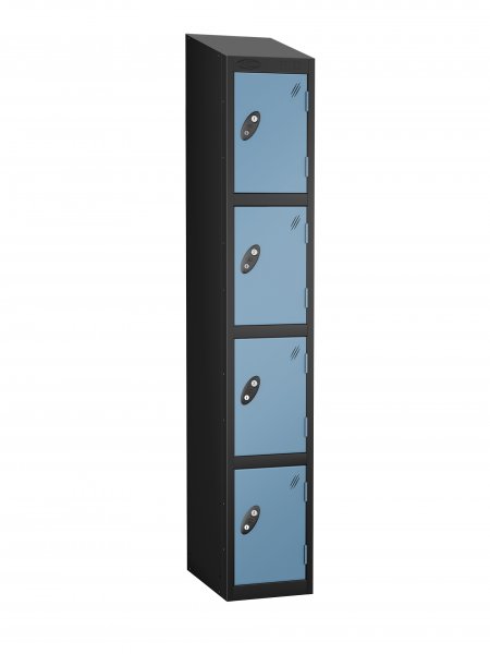 Single Metal Storage Locker | 4 Doors | 1780 x 305 x 305mm | Black Carcass | Ocean Door | Cam Lock | Sloping Top | Probe