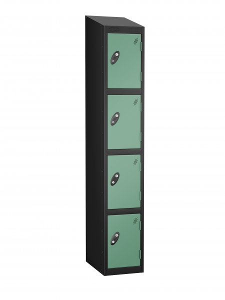 Single Metal Storage Locker | 4 Doors | 1780 x 305 x 305mm | Black Carcass | Jade Door | Cam Lock | Sloping Top | Probe